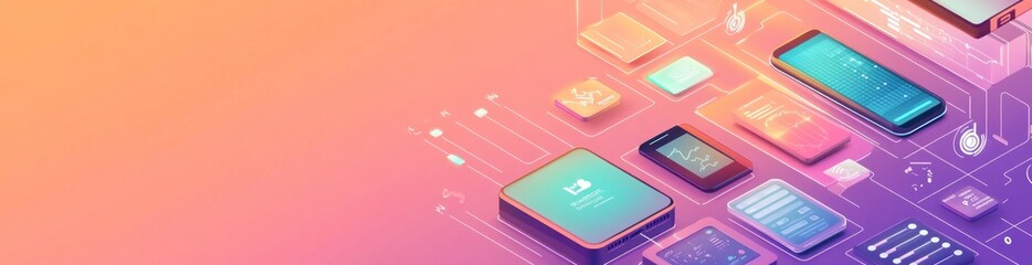 Colorful graphic of smartphones and app icons illustrating technology and digital interaction.