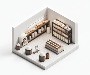 Sticker - A minimalist bakery display featuring shelves of bread and storage containers.