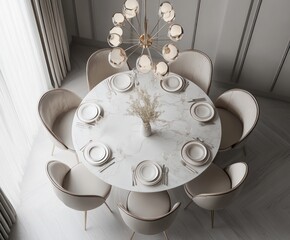 Canvas Print - Elegant dining setup featuring a round table, stylish chairs, and a decorative centerpiece.