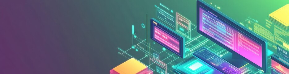 Abstract digital illustration of computer screens displaying code and data.