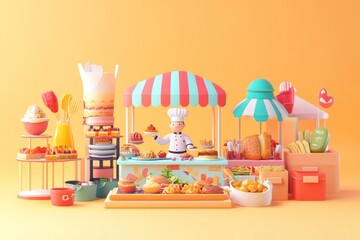 Poster - A colorful food market scene with various dishes and a chef under striped tents.