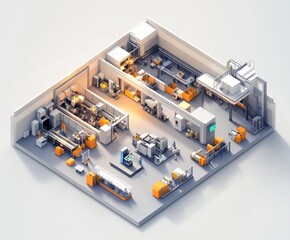 Canvas Print - A detailed isometric illustration of a modern industrial workspace with machinery and equipment.