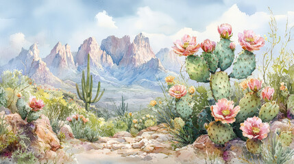 A vibrant landscape featuring prickly pear cacti adorned with blooming flowers, set against majestic mountains. This serene scene captures beauty of desert flora and tranquility of nature