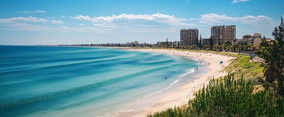 A panoramic view of a pristine white sand beach with turquoise waters and a cityscape in the distance.