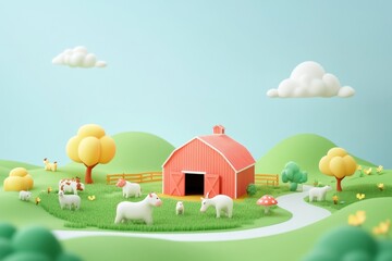 Sticker - A colorful, playful farm scene featuring animals, a barn, and a vibrant landscape.