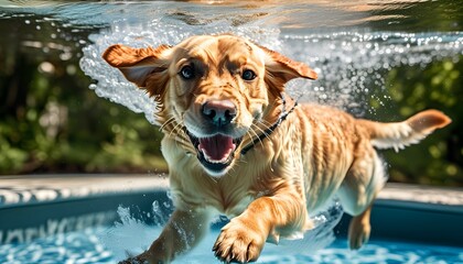 Playful golden labrador retriever puppy underwater in swimming pool enjoying a fun-filled adventure