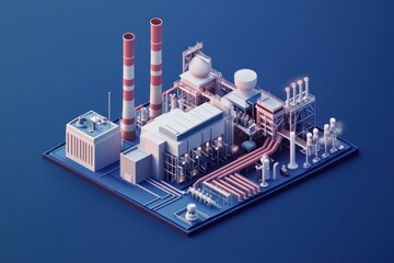 Wall Mural - A 3D model of an industrial facility with smokestacks and machinery.