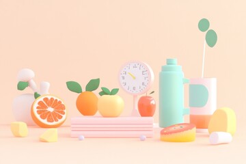 Wall Mural - A colorful arrangement of fruits and objects on a pastel background, emphasizing freshness.