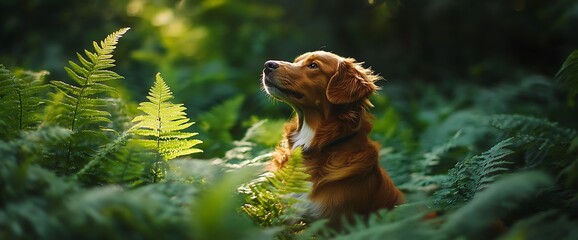 A cute brown dog with white chest sitting in lush green ferns with a blurred background.