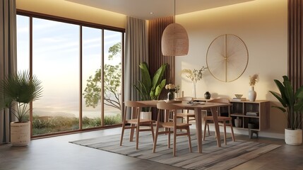 Wall Mural - A stylish modern dining room featuring a large window, parquet floor, and minimal decor for a warm, comfortable atmosphere.