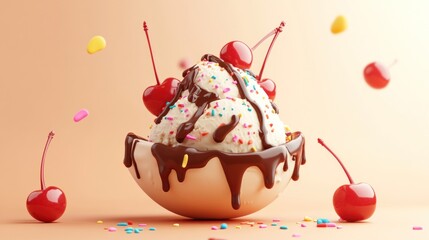 Wall Mural - A delicious ice cream sundae topped with chocolate, sprinkles, and cherries.