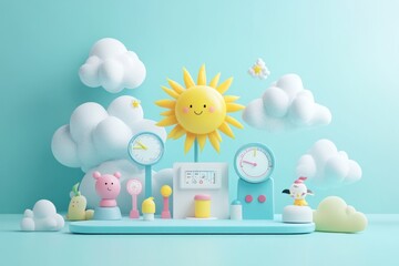 Poster - A playful, colorful scene featuring cheerful sun, clouds, and whimsical characters.