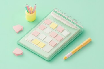 Wall Mural - A pastel-colored notebook with sticky notes, a pen, and a cup of pencils on a mint background.