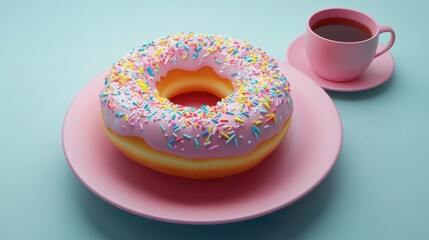 Poster - A pink frosted donut with sprinkles beside a pink cup of coffee on a pastel background.