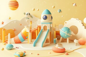 Canvas Print - A whimsical playground featuring a rocket, slides, and planets in a vibrant, space-themed design.