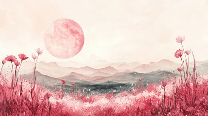 Wall Mural - A serene minimalist desert scene featuring delicate flowers against soft pink backdrop, with large moon illuminating tranquil landscape