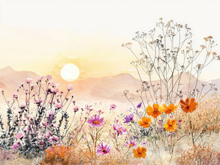 Wall Mural - A serene landscape featuring desert flora under setting sun, with soft warm hues illuminating flowers and mountains in background. scene evokes sense of tranquility and beauty