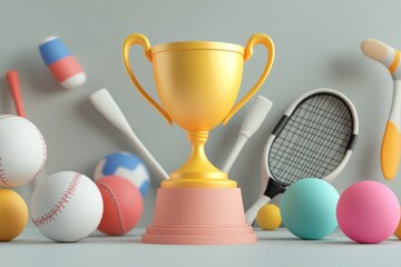 Canvas Print - A golden trophy surrounded by various sports equipment, symbolizing victory and competition.