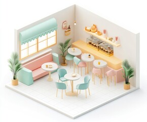 Canvas Print - A cozy café interior featuring tables, chairs, and a display of pastries.