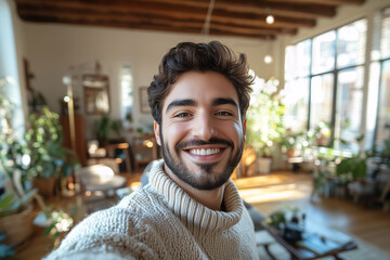 Happy man smiling while taking a selfie at home