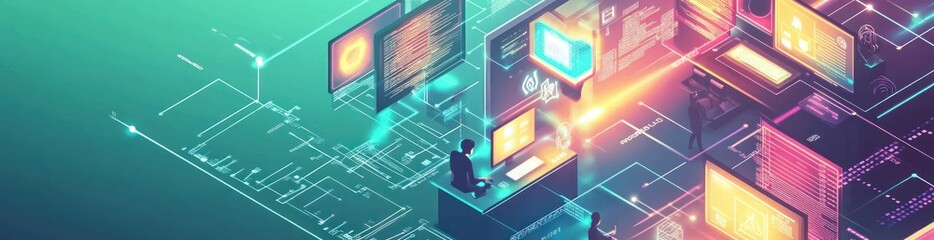 A digital workspace with screens and data visualizations, representing technology and innovation.