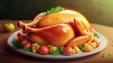 Canvas Print - A beautifully roasted chicken garnished with herbs and surrounded by vegetables on a plate.