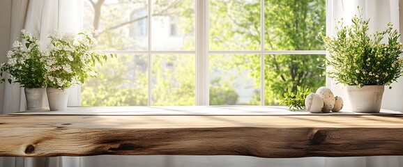 Wall Mural - Wooden table top with two potted plants by a window with a sunny green view.