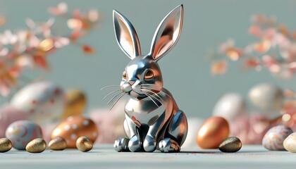 Charming 3D Metal Bunny Illustration for a Whimsical Easter Design