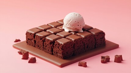 Canvas Print - A square chocolate dessert topped with a scoop of ice cream on a pink background.