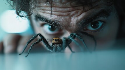 A dramatic macro shot focusing on a single spider showcased against a blurry background, emphasizing the intricate details of nature in an artistic and minimalistic manner.