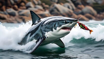 Wall Mural - Great White Shark Launches Into Action in Slow Motion, Capturing the Thrill of a Predator Hunting Bait in South African Waters