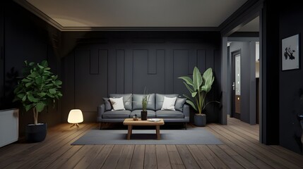 Wall Mural - Modern living room featuring a couch and a plant, set against a dark interior backdrop in a 3D render.