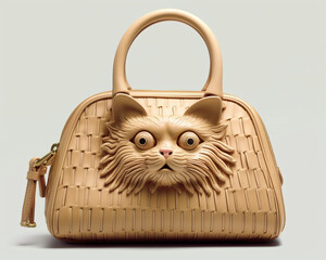 A close-up shot of a tan leather handbag with a cat face design. The bag has a woven texture and features a detailed, realistic cat face.