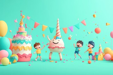 Wall Mural - A vibrant birthday celebration with children, a cake, and a cheerful unicorn character.