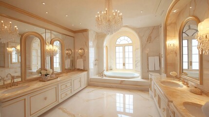 Luxurious bathroom with marble walls, a large window, and a freestanding bathtub.