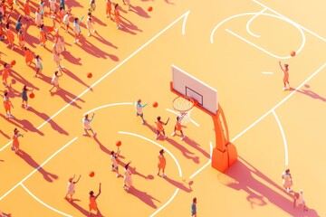 Sticker - A vibrant basketball court filled with people playing and practicing basketball.