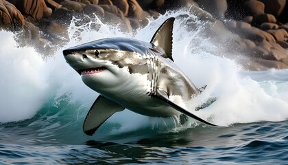 Wall Mural - Majestic Great White Shark Breaching in Dynamic Display of Strength in South African Waters