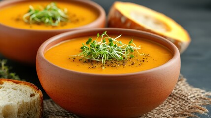 Wall Mural - Vibrant pumpkin soup in ceramic bowls with fresh microgreens