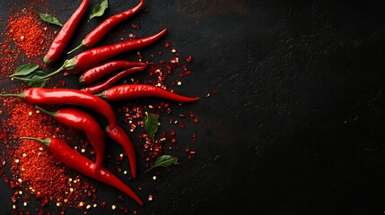 Red chili peppers, flakes, and powder on a dark rustic background.