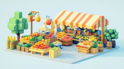 Sticker - A vibrant fruit and vegetable market with colorful displays and trees.