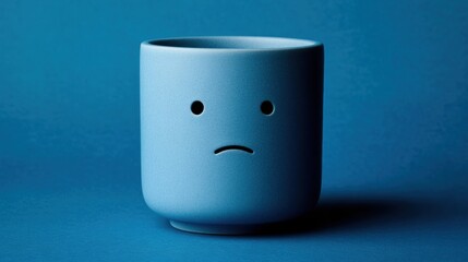 Serene blue cup with sad face expression on vibrant background