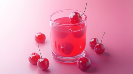 Wall Mural - A vibrant glass of cherry juice with cherries, set against a pink background.