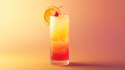 Wall Mural - A vibrant cocktail with ice, garnished with an orange slice and cherry, set against a gradient background.