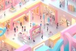 © BerkahStock - A vibrant, animated shopping mall scene filled with people engaging in various activities.