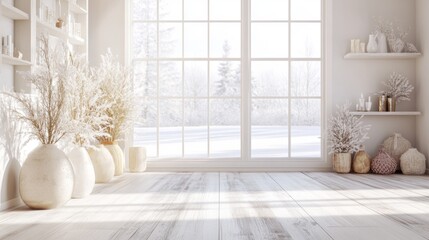 A bright, simple room with white walls and a wooden floor. There are vases on the floor, decorations on the wall, and a view of a white landscape outside the window.