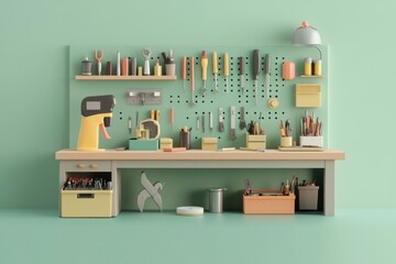 Sticker - A colorful workshop with tools and supplies organized on a pegboard.