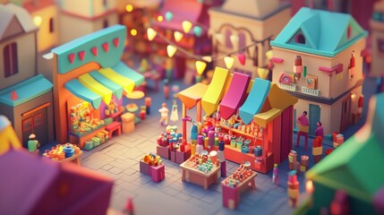 Poster - A vibrant market scene with colorful stalls and people engaging in shopping activities.