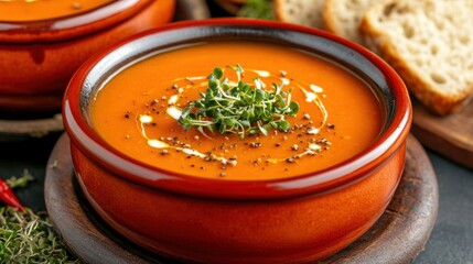 Wall Mural - Homemade creamy tomato soup with fresh herbs spices