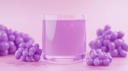 Sticker - A glass of purple drink surrounded by clusters of purple grapes on a pink background.