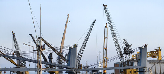 Many booms of cranes in the port against the sky